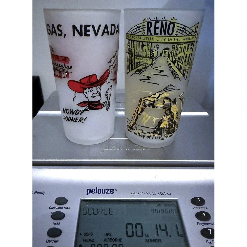 Nevada Vtg 60s Las Vegas & Reno Beverage Frosted Glass Tumblers Enamel Paint 5